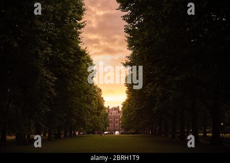 Tunnel d'arbres dans le parc avec la maison à la fin Banque D'Images