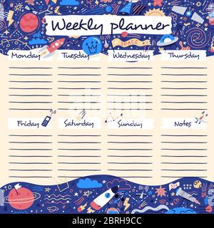 Agenda hebdomadaire avec espace extérieur drôle et icônes cosmos de dessin animé drôle dans le style de dessin animé Doodle. Modèle de conception d'horaires pour enfants. Illustration vectorielle. Illustration de Vecteur