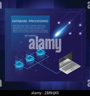 Isométrique du concept de serveur et de traitement de données, icône de centre de données et de base de données, technologie d'information numérique, dégradé bleu fluo foncé, vector.illustr Illustration de Vecteur