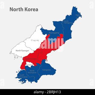 Carte de la Corée du Nord dans les couleurs du drapeau avec vecteur de divisions administratives Illustration de Vecteur
