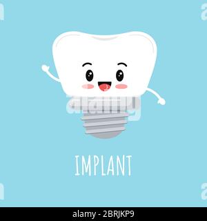 Icône d'émotiji dentaire mignon implant dentaire isolée sur fond blanc. Illustration de Vecteur