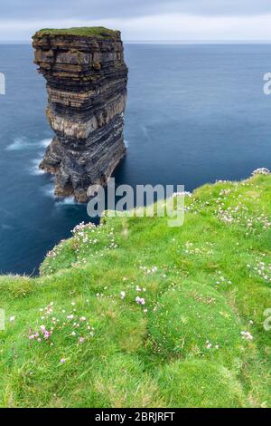 Vue sur la pile de mer appelée Dun Boste à Downpatrick Head depuis les falaises environnantes. Ballycastle, comté de Mayo, Donegal, région du Connacht, Irlande. Banque D'Images