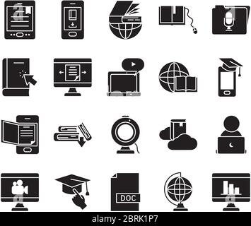 webcam et icône d'apprentissage en ligne sur fond blanc, style de silhouette, illustration vectorielle Illustration de Vecteur