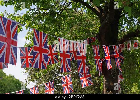 Drapeau de l'Union et drapeau du pavot accrochant à l'ombre d'un arbre sur un village vert au Royaume-Uni Banque D'Images