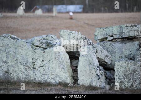 Néolithique Girommen passage tombe, le plus grand cimetière de Ekornavallen ancien lieu de sépulture du Néolithique, âge de bronze et âge de fer (3300 avant J.-C. à Banque D'Images