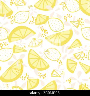 Motif vectoriel frais imprimé citron d'été à répétition. Motif texturé d'agrumes dessiné à la main avec texture et point sur fond blanc. Décor moderne et délicieux. Illustration de Vecteur