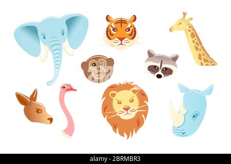 Jeu de masques animaux de personnage de dessin animé isolé sur fond blanc. Tête de zoo drôle. Objet de face d'illustration vectorielle. Collection de plats Rhinoceros kangourou Ostrich tigre lion éléphant singe girafe raton laveur Illustration de Vecteur