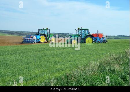 Deux tracteurs semis de récolte sur le champ de grain, ciel bleu Banque D'Images