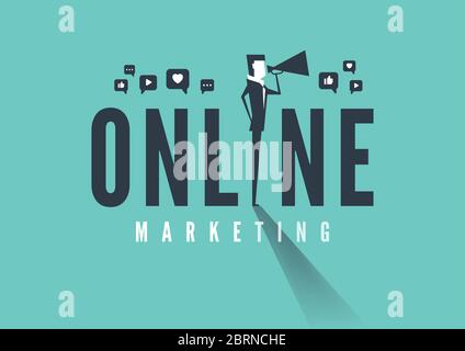 Homme d'affaires avec Megaphone. Concept de marketing en ligne. Illustration de Vecteur