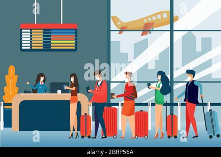 Vecteur de la maladie épidémique du coronavirus 2019-ncov. Épidémie de virus épidémie de grippe corona personnes dans le masque dans le centre commercial de la ville ou l'aéroport. Panique. Aéroport d Illustration de Vecteur