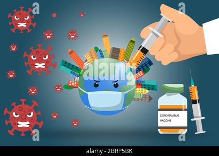 Le médecin porte une seringue de vaccin pour le monde à l'éclosion du coronavirus ou Covid-19. Le monde est protéger le concept de coronavirus vecto Illustration de Vecteur