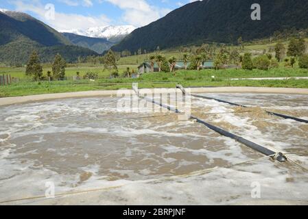 Un étang de retenue utilise l'aération pour éliminer les polluants des eaux usées industrielles Banque D'Images