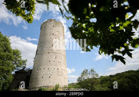 15 mai 2020, Saxe-Anhalt, Bad Kösen: Vue sur le château de Saaleck. Les ruines du château et les environs de Rudelsburg, situés au-dessus de la rivière Saale, sont des destinations populaires d'excursion en Saxe-Anhalt. Photo: Jan Woitas/dpa-Zentralbild/ZB Banque D'Images