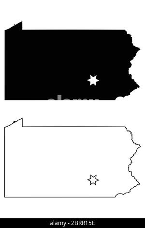 Pennsylvania PA State Map USA avec Capital City Star à Harrisburg. Silhouette et contour noirs isolés sur fond blanc. Vecteur EPS Illustration de Vecteur