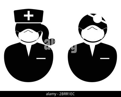 Médecin et infirmière avec icône masque. Icône de pictogramme d'illustration noir et blanc représentant un médecin et une infirmière féminine avec un masque d'EPI. Vecteur EPS Illustration de Vecteur