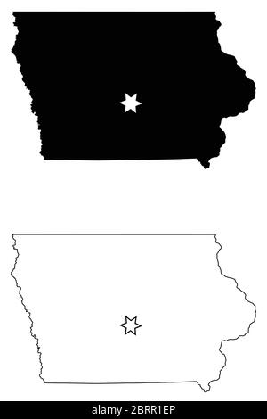 Iowa IA State Map USA avec Capital City Star à des Moines. Silhouette et contour noirs isolés sur fond blanc. Vecteur EPS Illustration de Vecteur