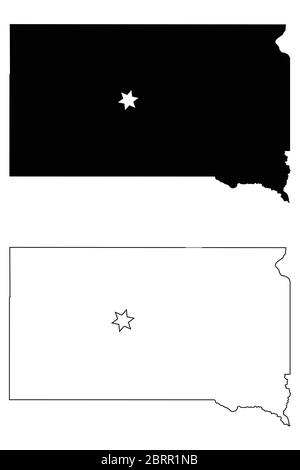 Dakota du Sud SD carte de l'État des États-Unis avec Capital City Star à Pierre. Silhouette noire et cartes isolées sur fond blanc. Vecteur EPS Illustration de Vecteur