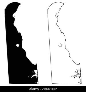 Delaware DE State Maps USA avec Capital City Star à Douvres. Silhouette et contour noirs isolés sur fond blanc. Vecteur EPS Illustration de Vecteur