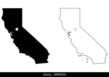 Carte de l'État de Californie des États-Unis avec Capital City Star à Sacramento. Silhouette noire et cartes isolées sur fond blanc. Vecteur EPS Illustration de Vecteur