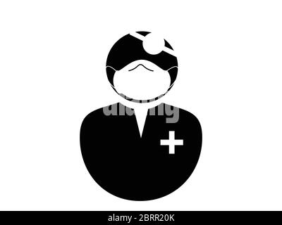 Médecin avec icône masque. Pictogramme d'illustration noir et blanc représentant un médecin avec revêtement facial PPE et miroir de tête. Vecteur EPS Illustration de Vecteur
