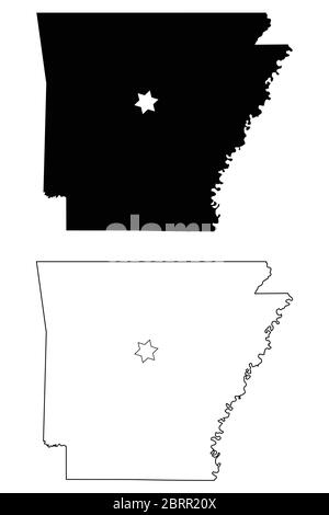 Arkansas AR State Map USA avec Capital City Star à Little Rock. Silhouette noire et cartes isolées sur fond blanc. Vecteur EPS Illustration de Vecteur