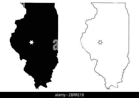 Illinois il State Map USA avec Capital City Star à Springfield. Silhouette et contour noirs isolés sur fond blanc. Vecteur EPS Illustration de Vecteur