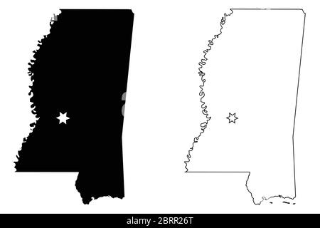 Mississippi MS carte de l'État des États-Unis avec Capital City Star à Jackson. Silhouette et contour noirs isolés sur fond blanc. Vecteur EPS Illustration de Vecteur