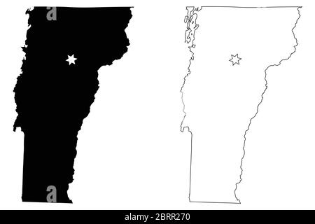 Vermont VT carte d'état USA avec Capital City Star à Montpelier. Silhouette noire et cartes isolées sur fond blanc. Vecteur EPS Illustration de Vecteur