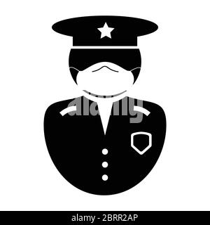 Icône d'agent de police. Icône de pictogramme en noir et blanc représentant un agent de police en uniforme avec masque facial, chapeau et badge. Illustrateur Illustration de Vecteur