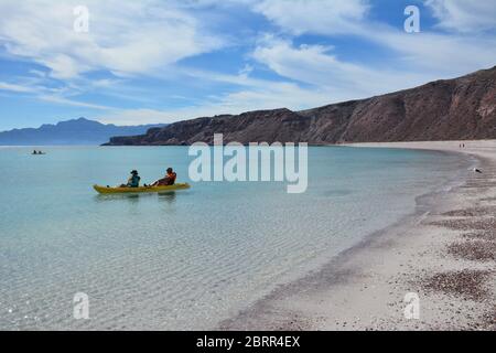 Les touristes actifs de croisière font du kayak en eau claire sur une plage sur Isla San Francisco, la mer de Cortez, Baja California sur, Mexique. Banque D'Images