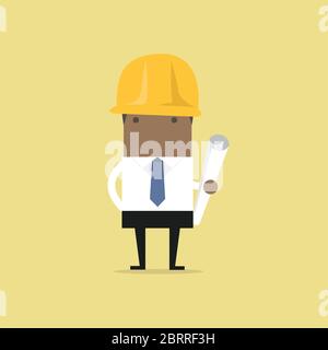 Architecte africain ou ingénieur en casque de sécurité jaune avec des rouleaux de plans de projet de construction, pour la présentation des investisseurs sur l'industrie de la construction. Illustration de Vecteur