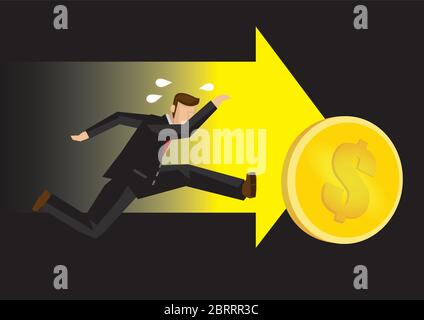 Homme d'affaires courant avec des flèches jaunes poursuivant après une pièce de monnaie géante sur un fond noir. Concept de motivation financière ou de finance d'entreprise. Vue plate Illustration de Vecteur
