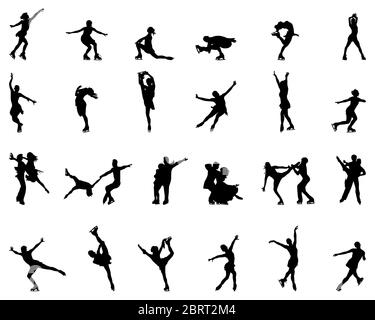 Silhouettes noires de patinage sur fond blanc Banque D'Images