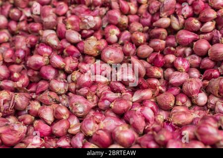 Des oignons rouges en abondance exposés sur le marché agricole local. Arrière-plan oignons rouges Banque D'Images