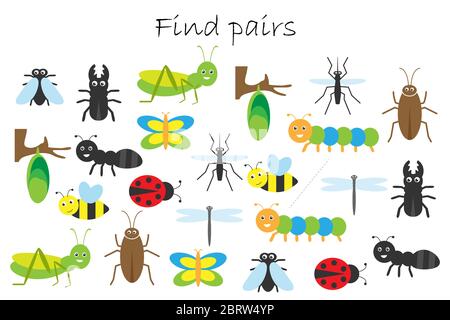 Trouvez des paires d'images identiques, jeu d'éducation amusant avec thème insectes pour les enfants, activité de feuille de travail préscolaire pour les enfants, tâche pour le développement Illustration de Vecteur