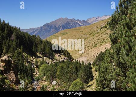 Cerler, Huesca/Espagne; 21 août 2017. Randonnée le long de la route des trois cascades d'Ardenones dans la ville de Cerler en été. Banque D'Images