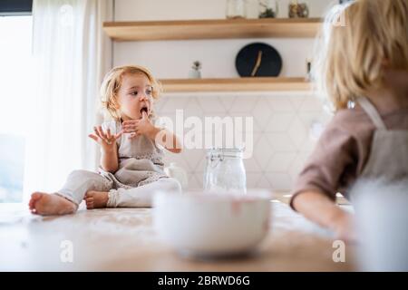 Deux petits enfants aidant à l'intérieur dans la cuisine avec la cuisine. Banque D'Images