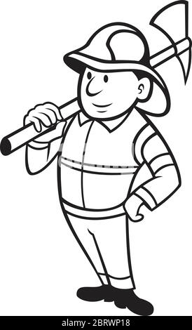 Illustration en noir et blanc d'un pompier ou d'un pompier qui tient une hache de feu fait dans le style de dessin animé debout sur un backgroun blanc isolé Illustration de Vecteur