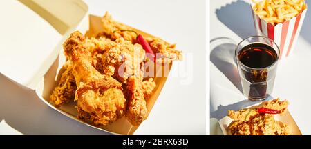 collage de poulet frits savoureux et épicé au piment et à la malbouffe sur table blanche au soleil Banque D'Images