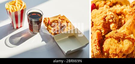 collage de poulet frits savoureux, frites et soda en verre sur table blanche au soleil Banque D'Images