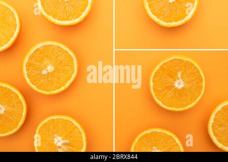 collage de tranches d'orange mûres juteuses sur fond coloré Banque D'Images