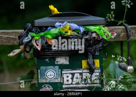 22.05.20. VERROUILLAGE POUR SOULAGER LES DÉCHETS. Un poubelle pour chiens débordant à Leigh Woods à Bristol tandis que les foules affluent dans les bois près du centre-ville af Banque D'Images