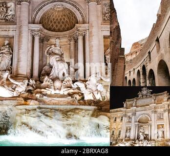Collage de la fontaine de Trevi près de l'ancien colisée de rome Banque D'Images
