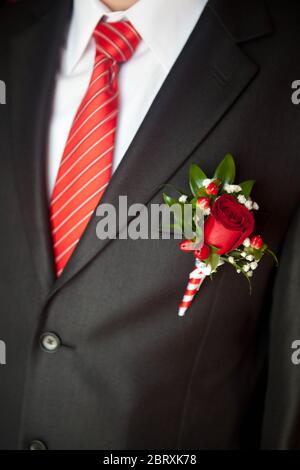 Costume du marié close up avec une cravate rayée et boutonnière Banque D'Images