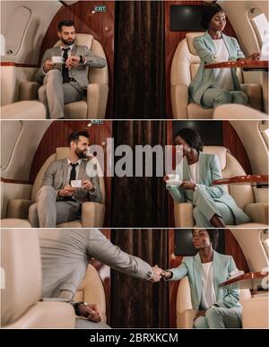 collage de deux hommes d'affaires multiculturels voyageant en avion, buvant du café et se serrant les mains Banque D'Images