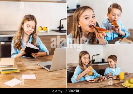 collage de frères et sœurs prenant le petit déjeuner et d'enfants utilisant un ordinateur portable tout en apprenant en ligne à la maison Banque D'Images