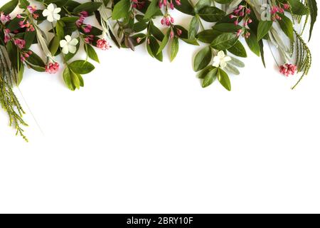Célébration joyeux anniversaire, carte de fête des mères avec bordure de fleurs fraîches. Flat lay, vue de dessus. Concept de célébration, carte, bannière, bordure de fleurs, invitation, maquette, été, concept de printemps Banque D'Images