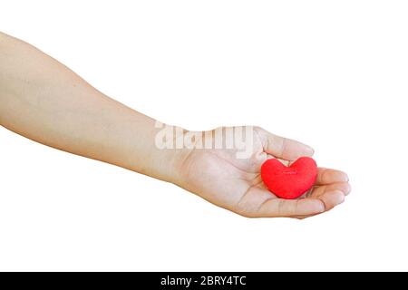 cœur rouge à la main isolé sur fond blanc. avec masque. Banque D'Images