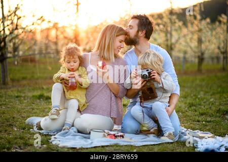 Famille avec deux petits enfants ayant pique-nique à l'extérieur au printemps nature au coucher du soleil. Banque D'Images