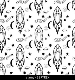 Motif sans couture composé de fusées, planètes, étoiles et comètes. Isolé sur fond blanc. Illustration de stock vectoriel. Illustration de Vecteur